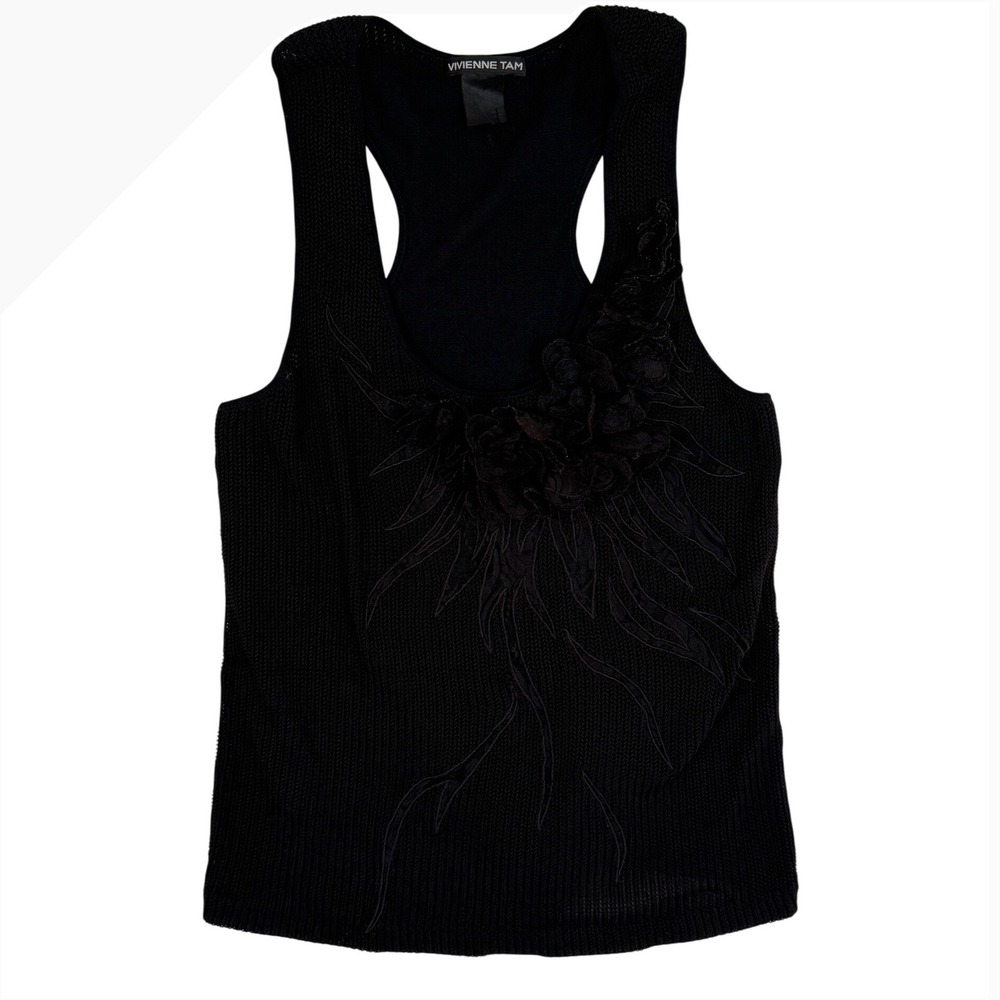 Vintage VIVIENNE TAM Black Knit Tank Top 3D Floral Appliqué Racerback, Medium